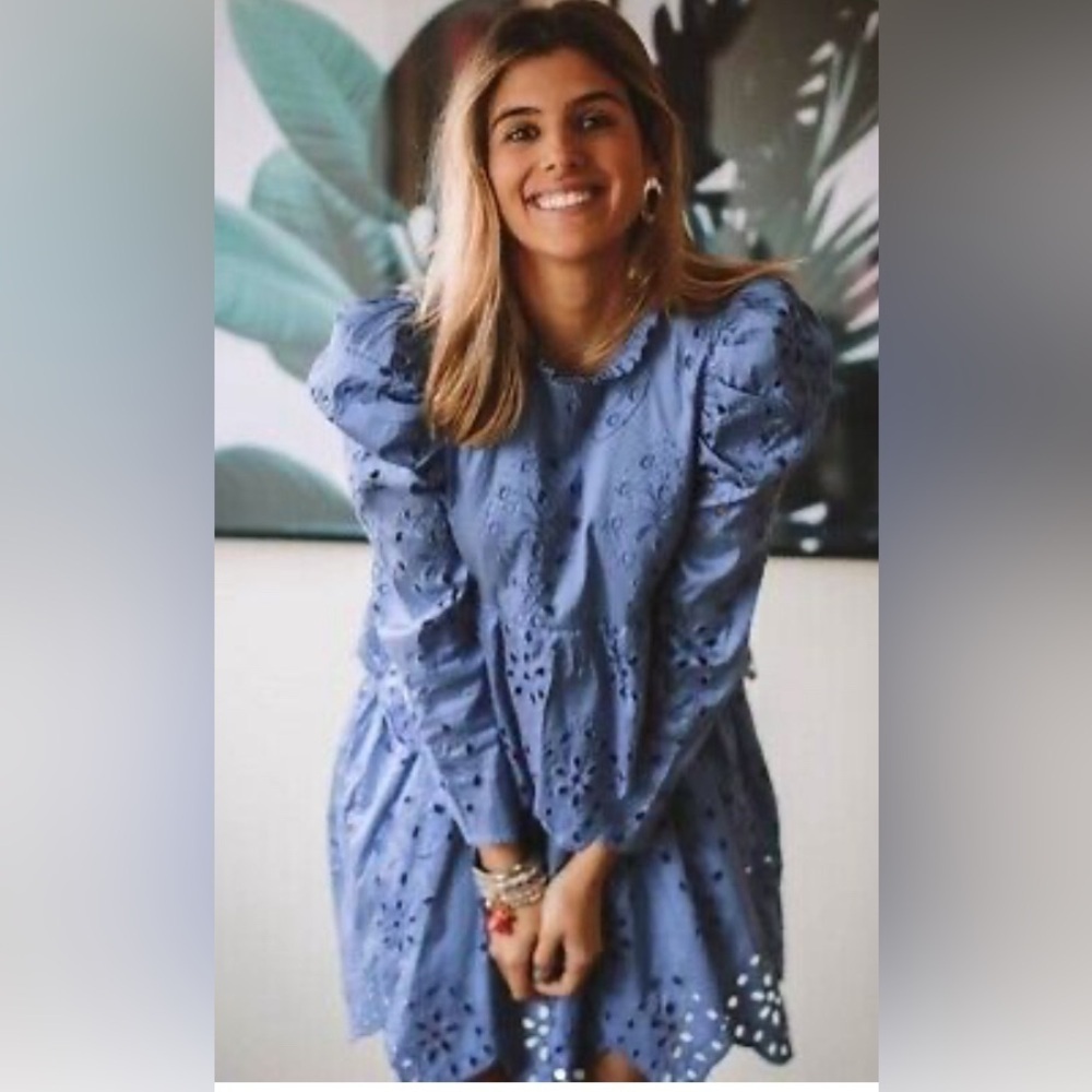 New Zara Openwork Embroidered Dress Blue Embroidered Dress
